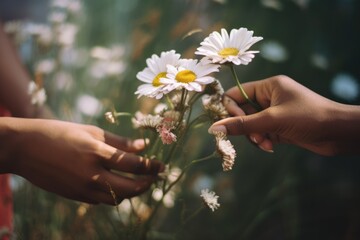 Fototapeta na wymiar Sun kissed hands, teenage and adult, both African American, share the simple beauty of white daisies against a lush backdrop