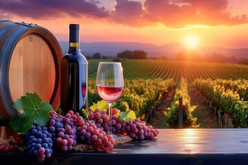 The rich aroma of wine fills the air as the sun sets over the vineyard, casting a golden hue on the table adorned with a bottle of wine, ripe grapes, and a delicate flower - obrazy, fototapety, plakaty