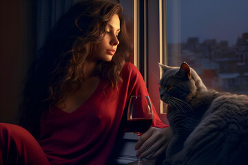Young beautiful woman in red dress sits by evening window with glass of dry red wine. Beautiful fluffy cat is sitting next to it. Rest and relaxation, enjoyment or falling in love and sadness