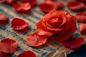 Red Rose on Top of music Paper.  