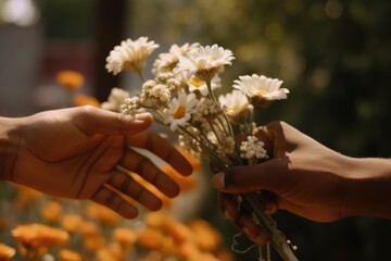 Two hands, one distinctly male and one female, share a tender moment, exchanging a delicate bouquet of white daisies in a close up
