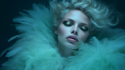 Sinnliches Portrait einer Frau in grünen Federn, kühl beleuchtet vor dunklem Hintergrund. Illustration