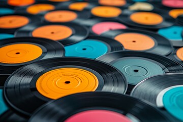 Assorted Colored Records on Table.  