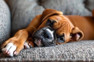 A sleepy bulldog rests peacefully on a cozy indoor sofa, his fawn-colored fur blending in with the warm tones of the room as he snoozes soundly, his adorable snout resting on the soft cushions - obrazy, fototapety, plakaty