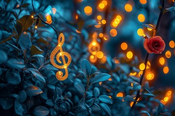 A treble sits on a branch with illuminated lights in the garden background.
