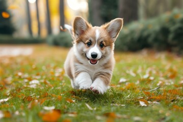 Fototapeta premium Two playful pups of different breeds frolic on a lush green field, embodying the carefree spirit of outdoor companionship