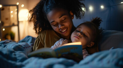 A nurturing mother reads a captivating bedtime story to her child, creating a warm and magical atmosphere. Perfect for illustrating the bond between parent and child.