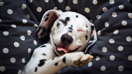 A Dalmatian dog on a bed lies on its back with its paws raised. Bed linen with stars. Funny, cute dog face. Good morning concept. Copy space. Space for text