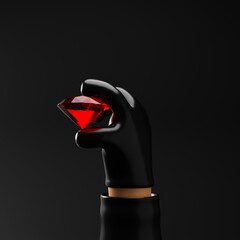 Thief cartoon hand holding ruby isolated over black background. 3d rendering.