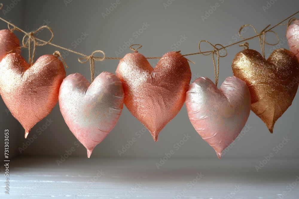 Poster string of pink and gold hearts hanging from a line.