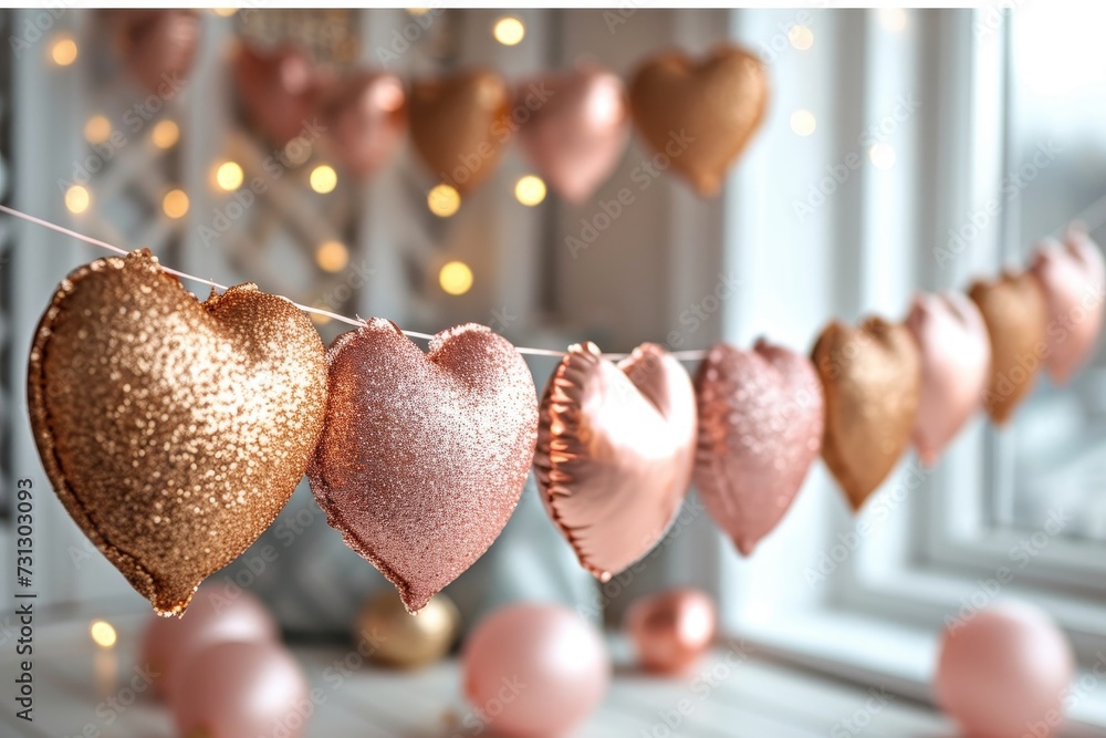 Poster a string of pink and gold hearts is elegantly suspended, creating a charming decorative element.