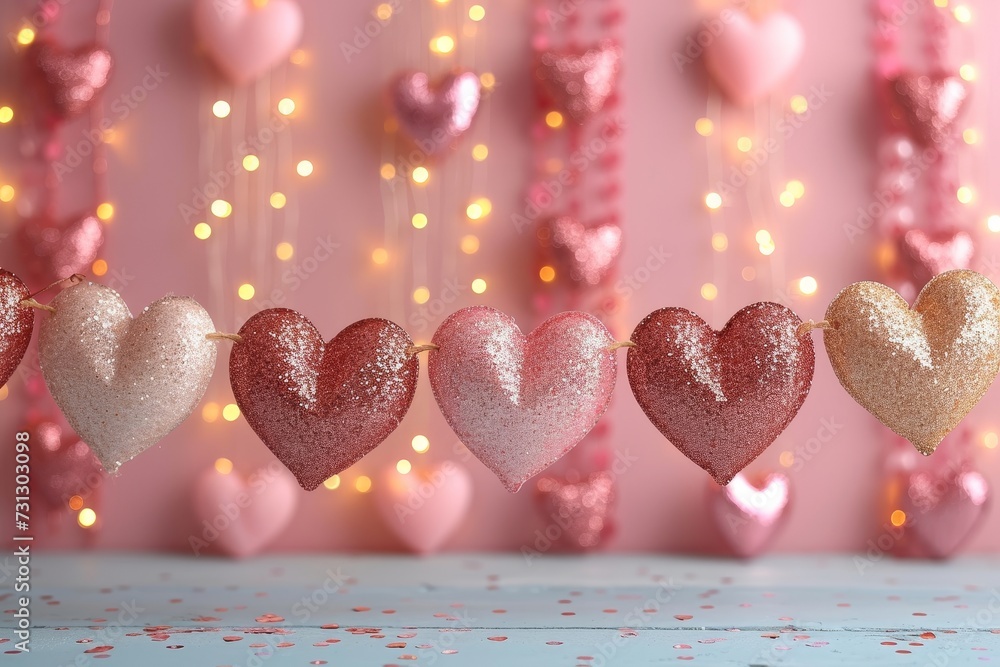 Poster collection of hearts suspended from a string, creating an eye-catching display