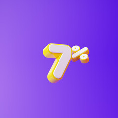 White seven percent or 7 % with yellow outline isolated over purple background. 3D rendering.