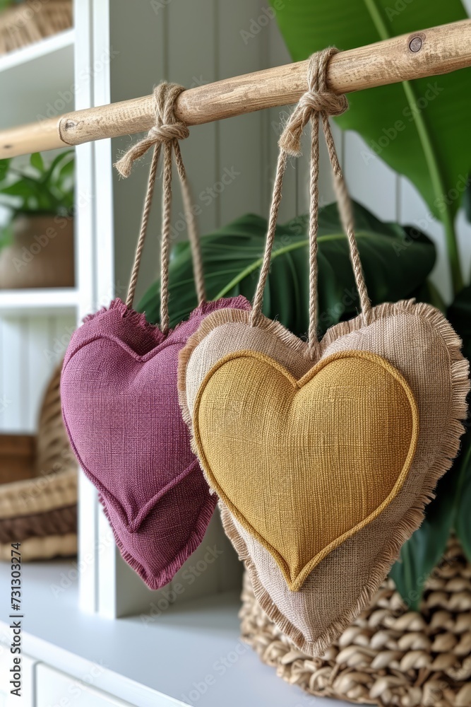 Poster three hearts hanging from a rope on a shelf.