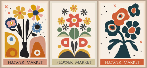 Set of abstract Flower Market posters. Trendy botanical wall arts with floral design in bright colors. Modern naive groovy funky interior decorations, paintings. Vector art illustration.