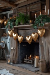 Fireplace With Gold Hearts Hanging.  