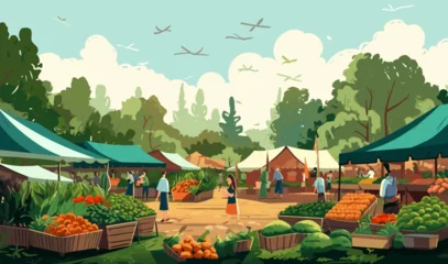 Gordijnen Local Farmers Market with Organic Produce Stalls isolated vector style illustration © Svitlana