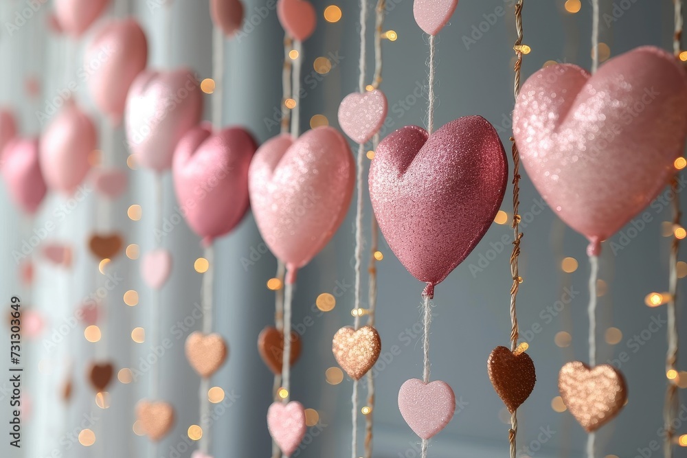 Poster a group of pink hearts hanging from strings.