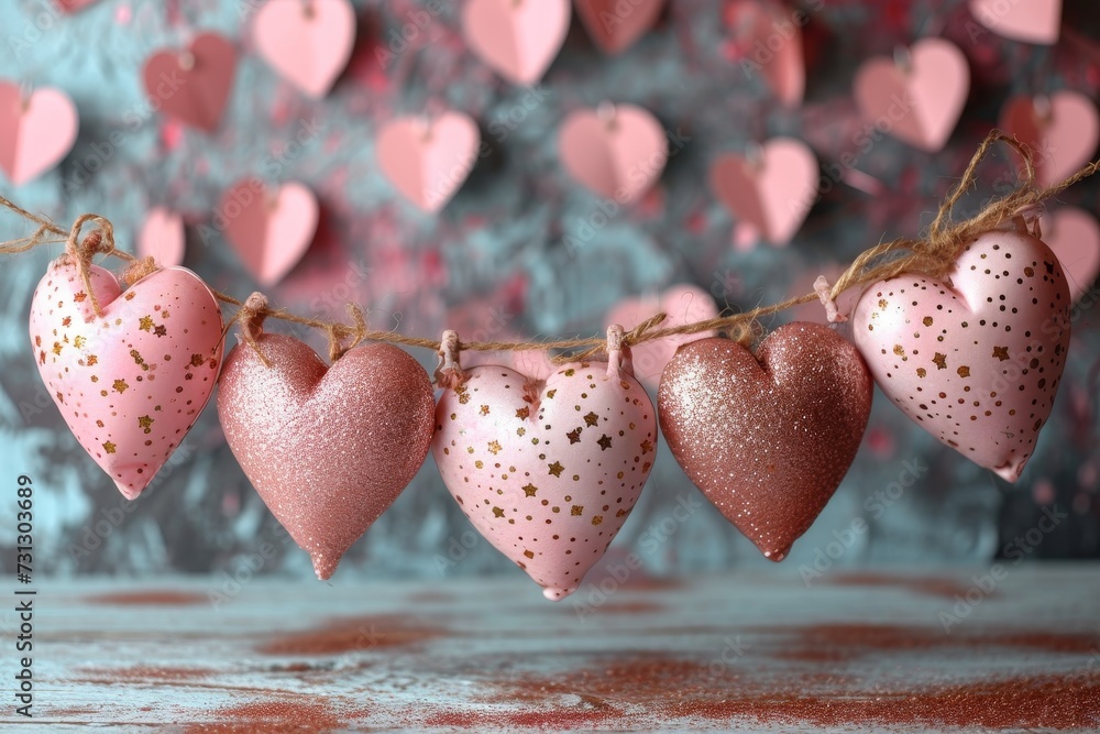 Poster String of Pink Hearts Hanging From a String.  