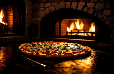 cooked large round pizza on the table by the fireplace, evening time.