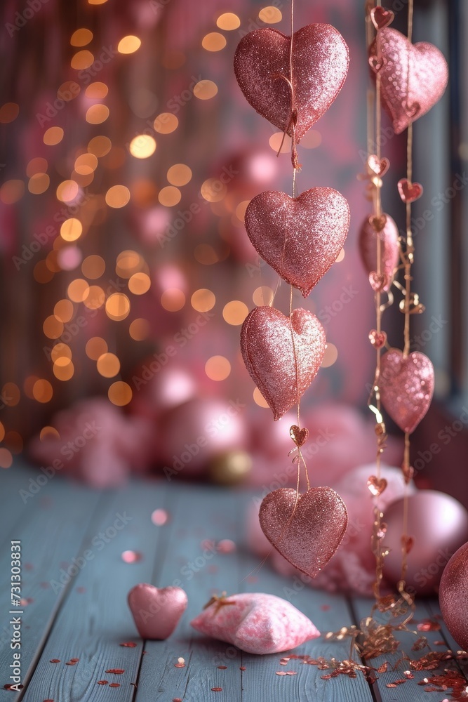 Poster pink hearts hanging from a string.