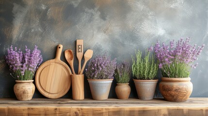 Natural Wood Cooking Utensils and Lavender Pots large copyspace area, offcenter composition