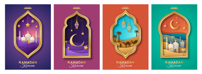 Ramadan Kareem posters set, gold 3d arabian windows on color background, arabesque pattern. Vector illustration. Place for text. Night moon, mosque dome, desert and lanterns paper cut landscape