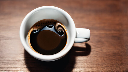 Obraz premium White cup with black coffee on a dark wooden table, cup half full.