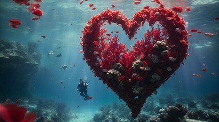 Underwater shot of a red heart shaped coral reef with a diver