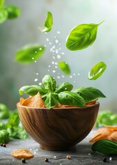 a rustic exotic wooden bowl. Realistic, bright green, fresh basil leaves and Himalayan salt falling (2)