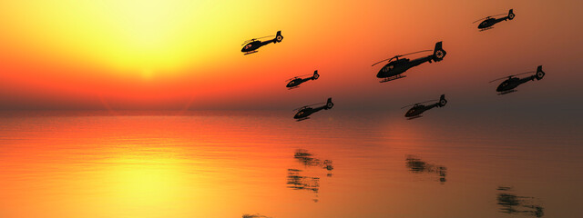 Fleet of Helicopters Cruising over the Ocean at Dusk