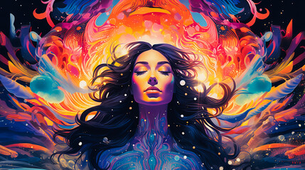 Naklejka premium A Psychedelic Portrait. Surrealism Unveiled. Thin Lines and Neon Lights