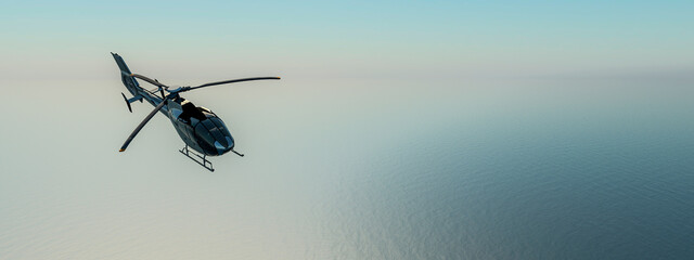 Solitary Helicopter Gliding over a Tranquil Sea in the Haze of Dawn