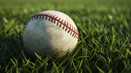 A realistic mockup of a baseball on fresh green grass, showcasing its detailed texture and versatility for custom logos or designs. Perfect for sports enthusiasts, designers, or advertisers