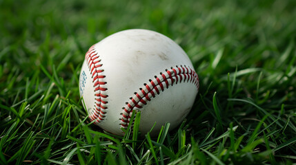 A close-up shot of a plain baseball resting on lush green grass, capturing the intricate texture of the ball's stitching and inviting customization with logos or designs. Perfect for showcas