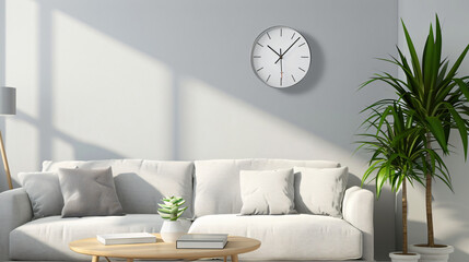 A sleek and minimalistic wall clock mockup designed for home decor concepts. The neutral color palette and clean lines make it a perfect addition to any living room. With its ideal size, thi - obrazy, fototapety, plakaty
