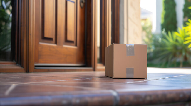 Cardboard box delivered to the front door, representing the convenience of online shopping with delivery services. A concept of modern lifestyle and e-commerce convenience.
