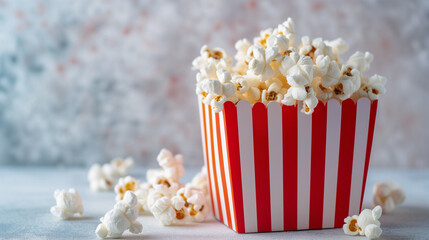Tasty popcorn in a red striped cardboard box on a background with copy space