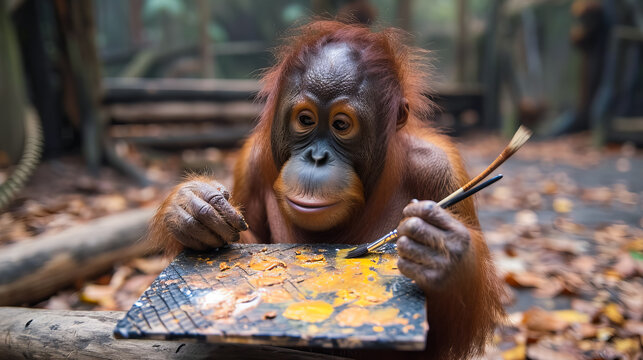 Artistic Ape. Orangutan with a Brush