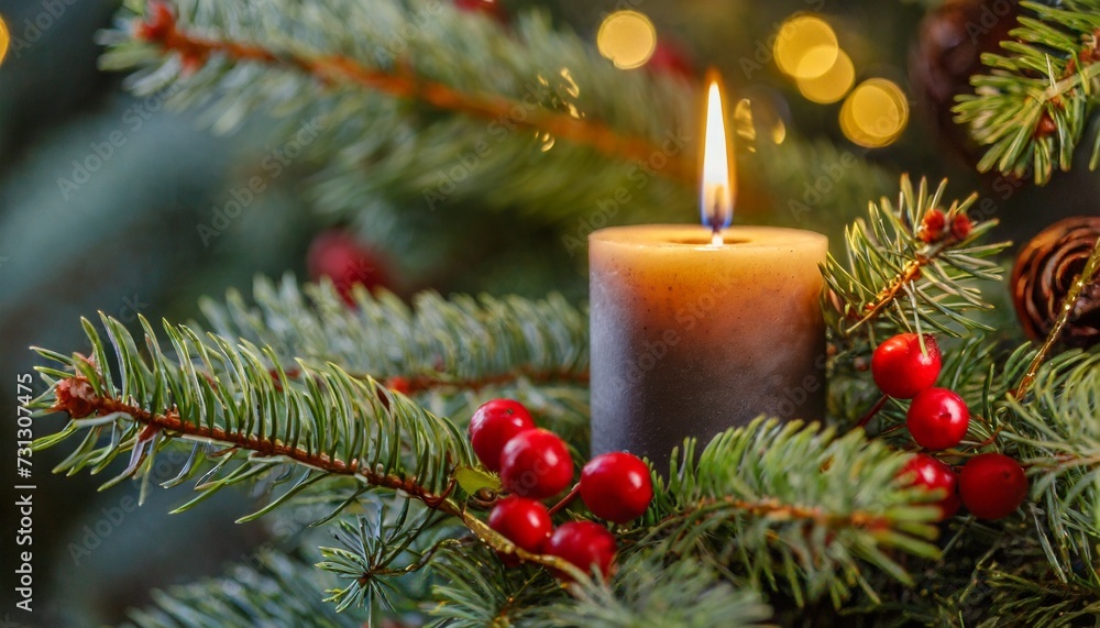 Sticker close up of a candle in a spruce tree with berries