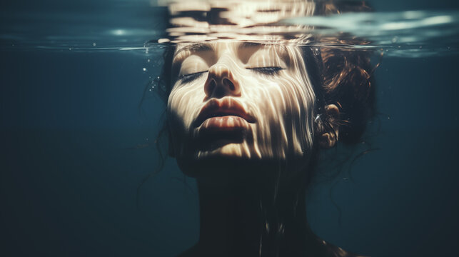 Kopf einer Frau mit geschlossenen Augen unter Wasser. Illustration