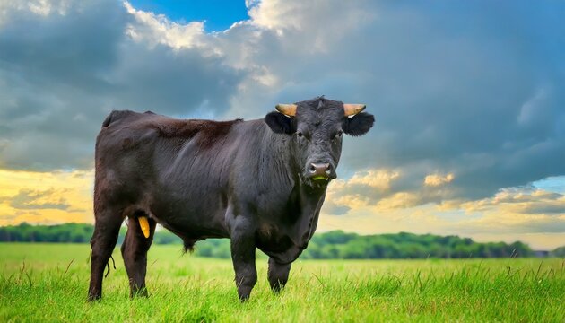 a black angus bull stands on a green grassy field