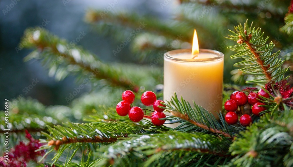 Poster close up of a candle in a spruce tree with berries