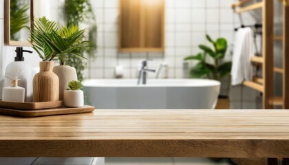 wooden tabletop for product display on blur bathroom interior background