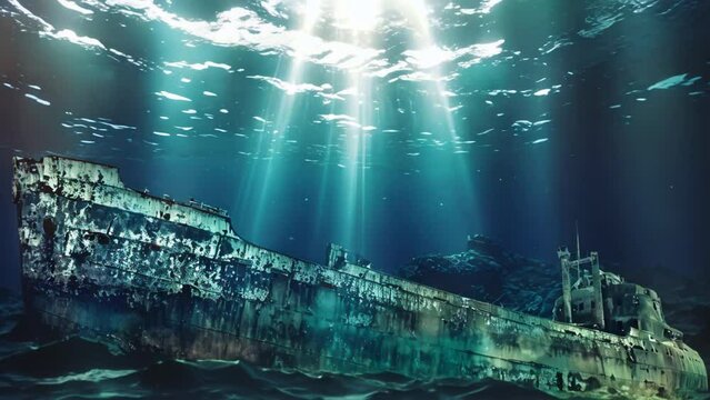 Titanic shipwreck lying silently on the ocean floor. The image showcases the immense scale of the shipwreck, with its fragmented structure extending across the seabed. Cinemagraph background