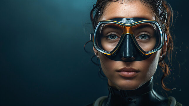 A fearless professional diver in her late 20s is ready to explore the depths of the ocean. Clad in a sleek neoprene diving suit and equipped with goggles, her determined expression reveals a