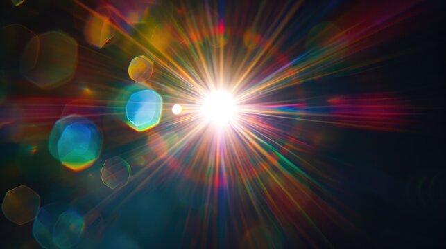 Easy to add lens flare effects for overlay designs or screen blending mode to make high-quality images. Abstract sun burst, digital flare, iridescent glare over black background