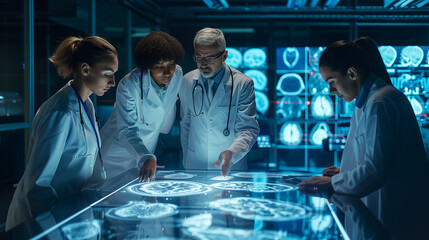 Professional healthcare experts examining a detailed digital body scan for medical insights