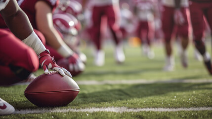 A team of american football players, dressed in their full uniforms, stand on the field as they prepare for the kickoff of an intense game, showcasing determination and sportsmanship.