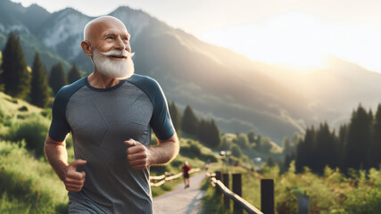 An inspiring photo of a fit senior man with a white beard running on a mountain trail at sunrise, embodying vitality and a healthy lifestyle. 